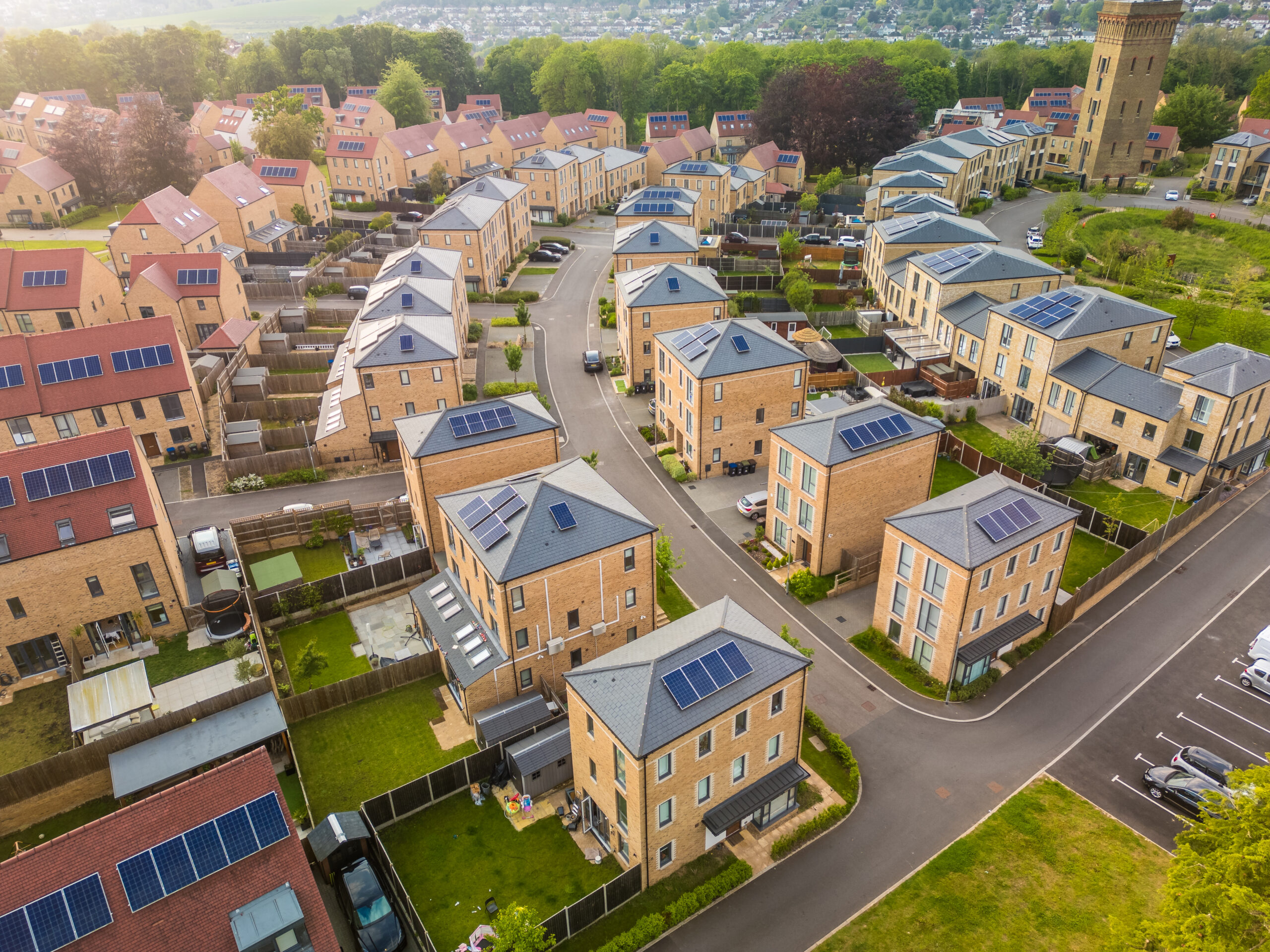 Aerial drone view of the Cane Hill area in Coulsdon, UK, with ne